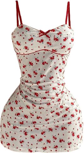 OYOANGLE Women's Floral Ribbed Cami Short Dress Spaghetti Strap Backless Y2K Party Going Out Dress in Kuwait