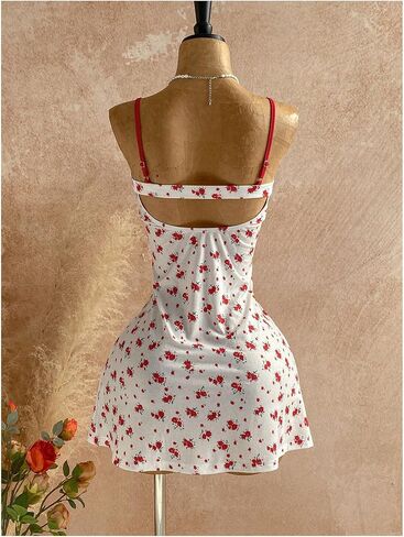 OYOANGLE Women's Floral Ribbed Cami Short Dress Spaghetti Strap Backless Y2K Party Going Out Dress in Kuwait