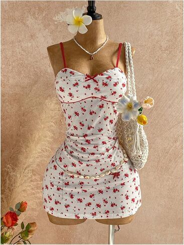 OYOANGLE Women's Floral Ribbed Cami Short Dress Spaghetti Strap Backless Y2K Party Going Out Dress in Kuwait