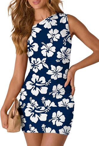 Acelitt Summer Off the Shoulder Dresses for Women 2026 Floral Ruched Bodycon Cocktail Party Mini Dress in Kuwait
