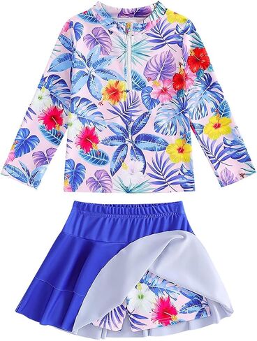 Girls Rash Guard Swimsuit Set UPF 50+ Long Sleeve Two Piece Swimwear Half Zip with Skirt Bottom for Kids 3-10Y in Saudi Arabia