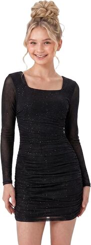 2Bunnies Tween Teen Girls Sparkly Mesh Long Sleeve Ruched Bodycon Party Dress in Saudi Arabia
