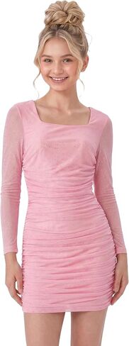 2Bunnies Tween Teen Girls Sparkly Mesh Long Sleeve Ruched Bodycon Party Dress in Saudi Arabia