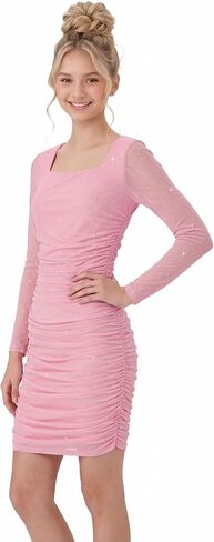 2Bunnies Tween Teen Girls Sparkly Mesh Long Sleeve Ruched Bodycon Party Dress in Saudi Arabia
