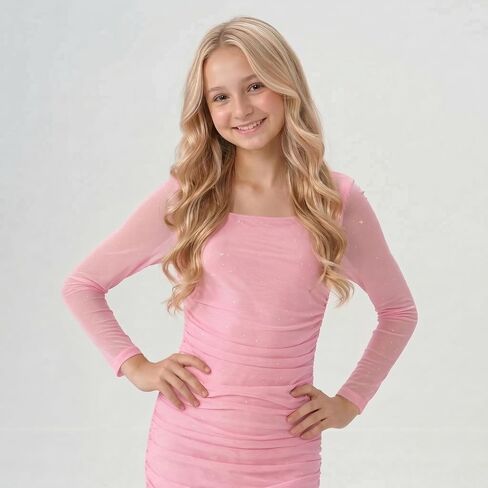 2Bunnies Tween Teen Girls Sparkly Mesh Long Sleeve Ruched Bodycon Party Dress in Saudi Arabia
