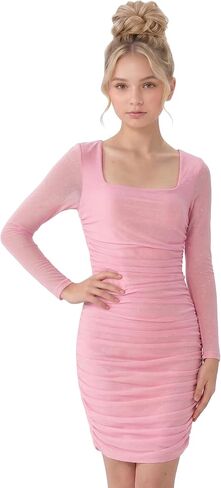 2Bunnies Tween Teen Girls Sparkly Mesh Long Sleeve Ruched Bodycon Party Dress in Saudi Arabia