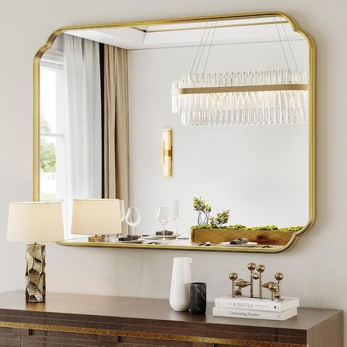 Gold Bathroom Mirror, 30" x 40"Rounded Corner Rectangle Wall Mirrors with Metal Frame, Modern Vanity Mirror for Over Sink, Bedroom, Entryway, Horizontal or Vertical in Saudi Arabia
