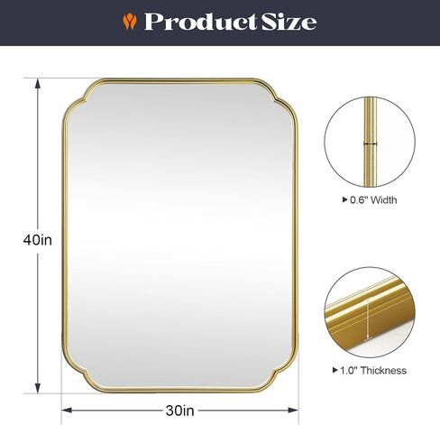 Gold Bathroom Mirror, 30" x 40"Rounded Corner Rectangle Wall Mirrors with Metal Frame, Modern Vanity Mirror for Over Sink, Bedroom, Entryway, Horizontal or Vertical in Saudi Arabia