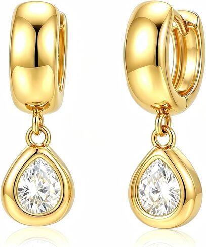 14K Gold Plated Dangle Earrings for Women Chunky Drop Hoop Earrings with Cubic Zirconia Crystal Charm Lightweight Hypoallergenic Jewelry Gifts in Kuwait