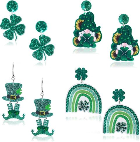 4 Pairs St. Patrick's Day Earrings Shamrock Dangle Accessories Irish Acrylic Green Clover for Women Good Luck Irish Holiday Jewelry Gift in Kuwait