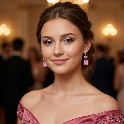 Pink Crystal Dangle Earrings for Women Rectangle Baguette Stone Rhinestone Drop Statement Bridal Party Jewelry Gift in Kuwait