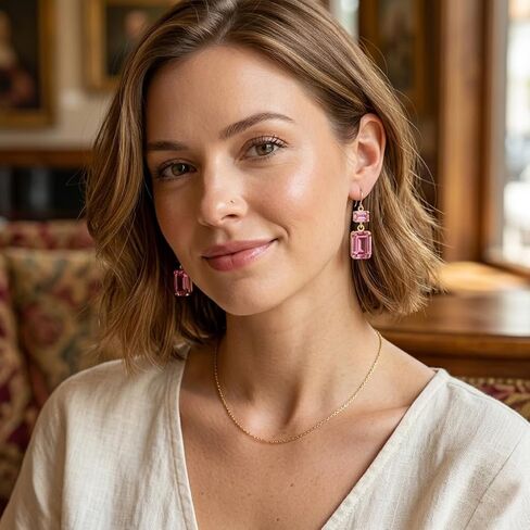 Pink Crystal Dangle Earrings for Women Rectangle Baguette Stone Rhinestone Drop Statement Bridal Party Jewelry Gift in Kuwait