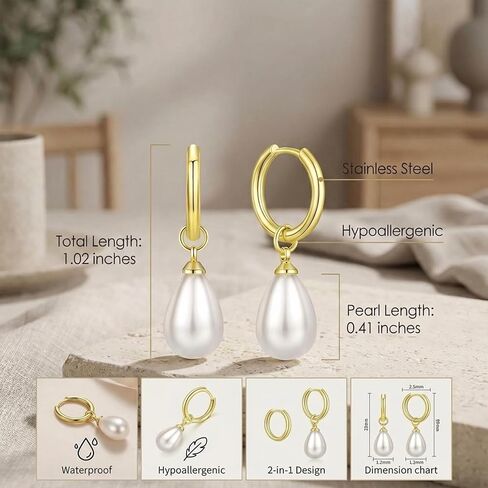 Gmai 18K Stainless Steel Gold Plated Teardrop Pearl Dangle Huggie Hoop Earrings for Women,Hypoallergenic Lightweight Gold Pearl Drop Earrings,Trendy Wedding Bridesmaid Jewelry Gifts for Women in Saudi Arabia