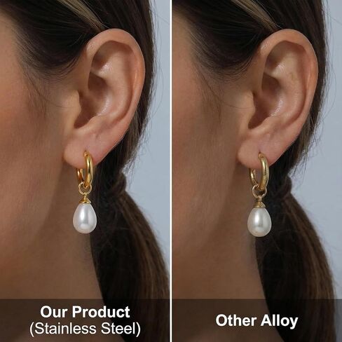 Gmai 18K Stainless Steel Gold Plated Teardrop Pearl Dangle Huggie Hoop Earrings for Women,Hypoallergenic Lightweight Gold Pearl Drop Earrings,Trendy Wedding Bridesmaid Jewelry Gifts for Women in Saudi Arabia