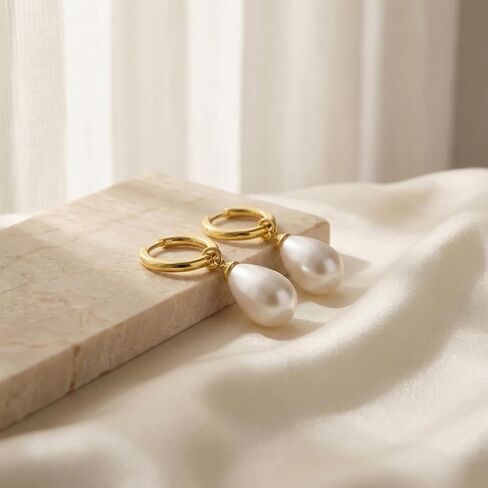 Gmai 18K Stainless Steel Gold Plated Teardrop Pearl Dangle Huggie Hoop Earrings for Women,Hypoallergenic Lightweight Gold Pearl Drop Earrings,Trendy Wedding Bridesmaid Jewelry Gifts for Women in Saudi Arabia