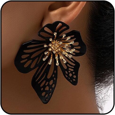 Large Black Flower Earrings for Women Silver Needle Bendable Big Gold Statement Earrings Gothic Punk Exaggerated Accessories Jewelry Gifts ROSASUENO in Saudi Arabia