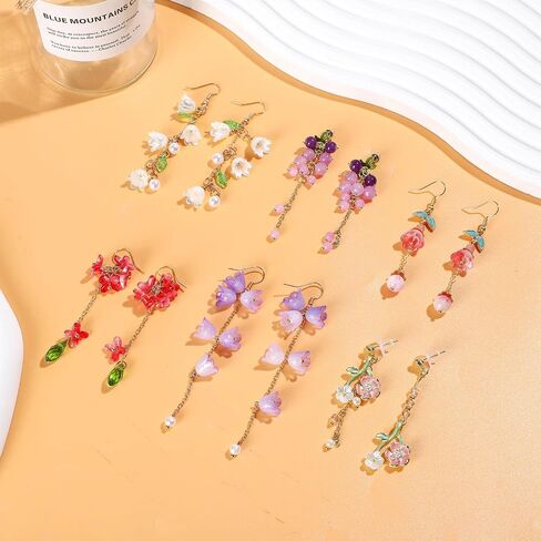 NEWITIN 12 Pairs Flower Earrings for Women Floral Tassel Earring Set | Hypoallergenic, Long Dangle Flower Leaf Designed, Multicolour Florals, Various Flowers, Gold Statement Earrings for Women in Saudi Arabia