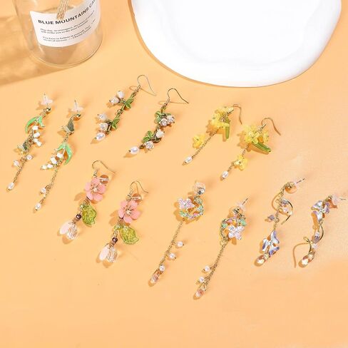 NEWITIN 12 Pairs Flower Earrings for Women Floral Tassel Earring Set | Hypoallergenic, Long Dangle Flower Leaf Designed, Multicolour Florals, Various Flowers, Gold Statement Earrings for Women in Saudi Arabia