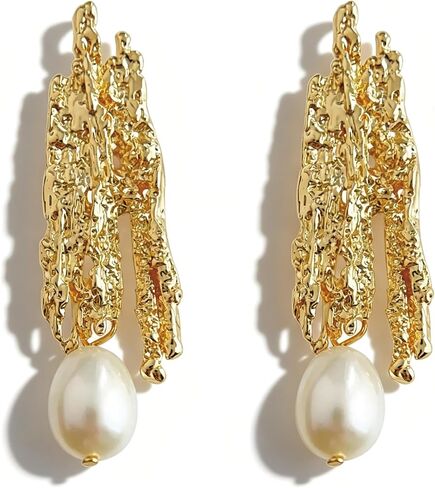 Cultured Freshwater Pearl Dangle Drop Earrings for Women, 18K Gold Plated and Sterling Silver Posts, Hypoallergenic Unique Design for Daily Commute, Romantic Gift for Her for Valentine's Day, Birthday, Mother's Day, Wedding or Party in Saudi Arabia