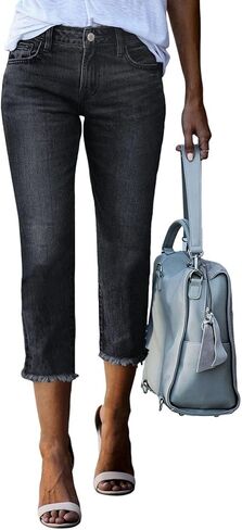 Women's Fashion Vintage Slim Fit Stretch Capri Jeans Frayed Hem Cropped Denim Pants in Kuwait