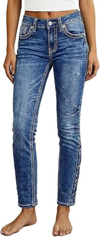 Flamingals Women's Butt Lifting Skinny Leg Jeans Stretchy Mid Rise Wash Stitch Detail Button Side Denim Jeans in Kuwait