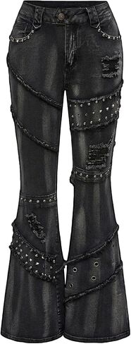 WDIRARA Women's Y2k Rivet Flare Jeans Grunge Punk Ripped Bell Bottom Denim Pants in Kuwait