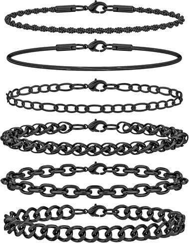 6PCS Stainless Steel Bracelets for Men Women, Silver Gold Black Cuban Link Rope Snake Wheat Chain Paperclip Figaro Jewelry Set, 7/8/9 Inches in Saudi Arabia