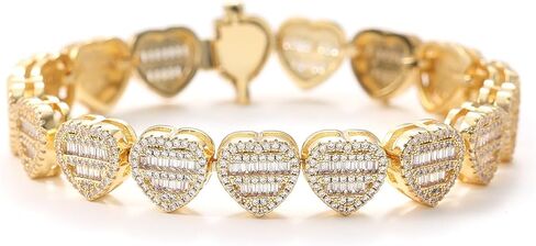 Lulu Mel Iced Out 12mm Heart Bracelet Baguette Diamond Bracelet For Women, Hip Hop Mens Full CZ 14K Gold Plated Chain Bracelet Rapper Chains With Jewelry Box in Saudi Arabia