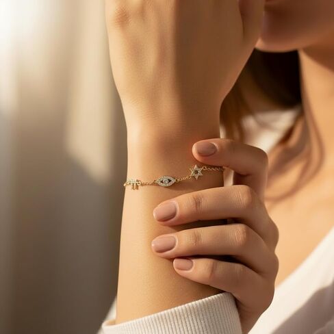 14K Gold Plated Chai Evil Eye Star Of David Bracelet Women – Jewish Symbol Pendant from Israel – Elegant Hebrew With Cubic Zirconia Dainty Religious Jewish Jewelry Gift Bat Mitzva in Saudi Arabia