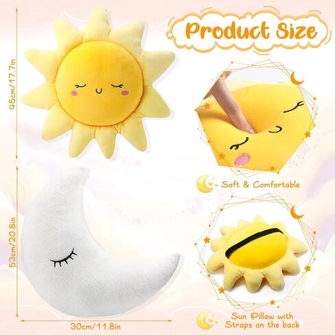 HyDren 2 Pcs Sun and Moon Plush Pillow 20.8'' 17.7'' Decorative Sofa Cushion Cute Soft Stuffed Throw Pillow Baby Children Nursery Decor Plush Toy Birthday Gift for Home Room Car Floor Decor in Kuwait