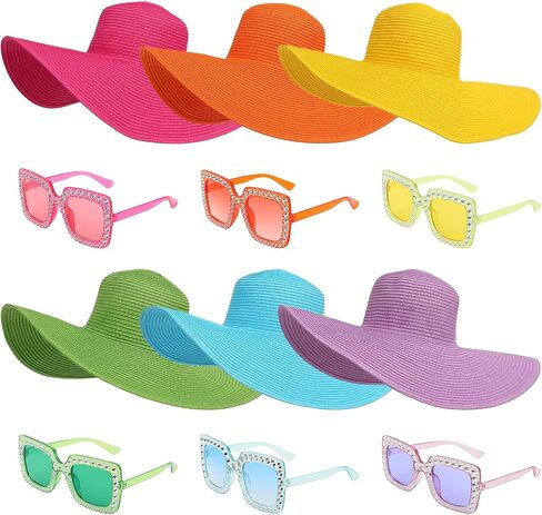 Shihanee 12 Pack Women's Wide Brim Sun Hat and Crystal Oversized Square Sunglasses Beach Sun Straw Hat UV UPF 50+ for Party in Kuwait