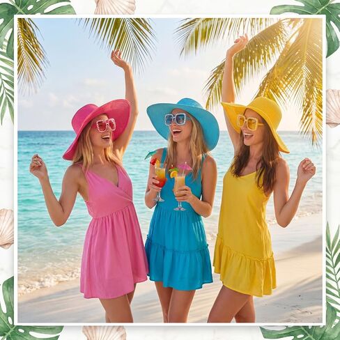 Shihanee 12 Pack Women's Wide Brim Sun Hat and Crystal Oversized Square Sunglasses Beach Sun Straw Hat UV UPF 50+ for Party in Kuwait