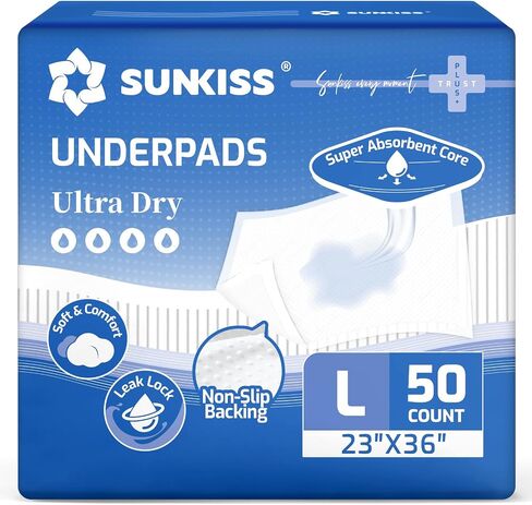 SUNKISS Disposable Underpads 23" x 36", Super Absorbent Incontinence Bed Pads with Non-Slip Backing, Extra Large Chux Pads for Adults, Kids, Elderly, and Pets, 50 Count in Saudi Arabia