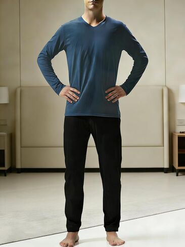 Mens Pajamas Set Soft V Neck Pajamas for Men Long Sleeve T Shirt and Elastic Waist Pants Casual Pjs 2 Piece in Kuwait