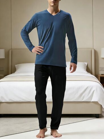 Mens Pajamas Set Soft V Neck Pajamas for Men Long Sleeve T Shirt and Elastic Waist Pants Casual Pjs 2 Piece in Kuwait