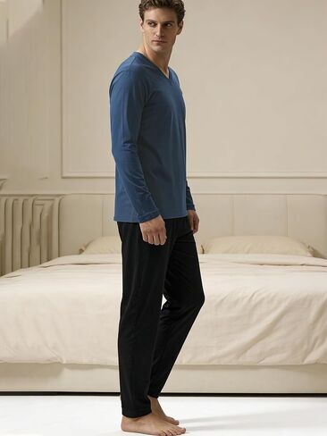 Mens Pajamas Set Soft V Neck Pajamas for Men Long Sleeve T Shirt and Elastic Waist Pants Casual Pjs 2 Piece in Kuwait
