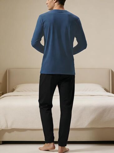 Mens Pajamas Set Soft V Neck Pajamas for Men Long Sleeve T Shirt and Elastic Waist Pants Casual Pjs 2 Piece in Kuwait