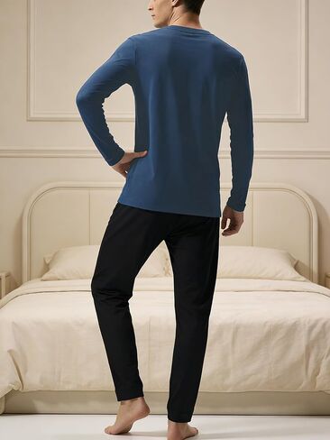 Mens Pajamas Set Soft V Neck Pajamas for Men Long Sleeve T Shirt and Elastic Waist Pants Casual Pjs 2 Piece in Kuwait