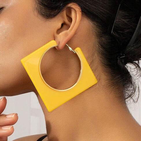 Acrylic Hoop Earrings for Women Large Square Neon Dangle Drop Earrings Statement Geometric Vintage Party Jewelry in Kuwait