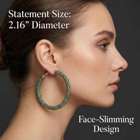 Sparkly Green Rhinestone Earrings, Large Emerald Green Earrings For Women, Trendy Hoop Statement Jewelry, Lightweight Prom Accessories, Chic Party Gifts in Saudi Arabia