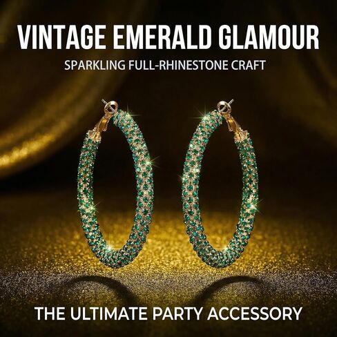 Sparkly Green Rhinestone Earrings, Large Emerald Green Earrings For Women, Trendy Hoop Statement Jewelry, Lightweight Prom Accessories, Chic Party Gifts in Saudi Arabia