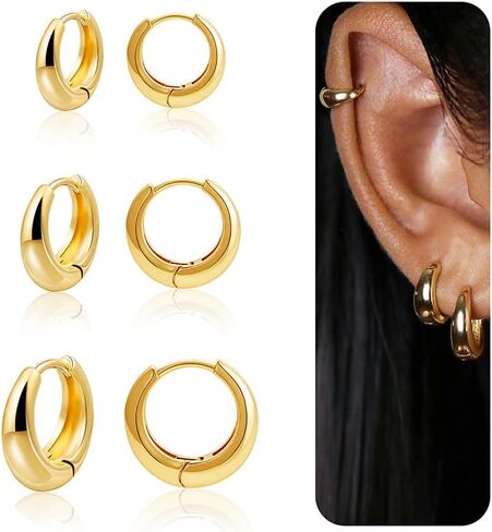 3Pairs Gold Hoop Earrings Set for Women Chunky Small Huggie Hoop Earrings Dainty Earring Hypoallergenic Lightweight and Compact Fashionable and Sturdy Suitable for Multiple Piercings in Saudi Arabia