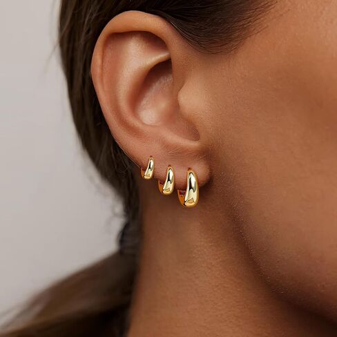 3Pairs Gold Hoop Earrings Set for Women Chunky Small Huggie Hoop Earrings Dainty Earring Hypoallergenic Lightweight and Compact Fashionable and Sturdy Suitable for Multiple Piercings in Saudi Arabia