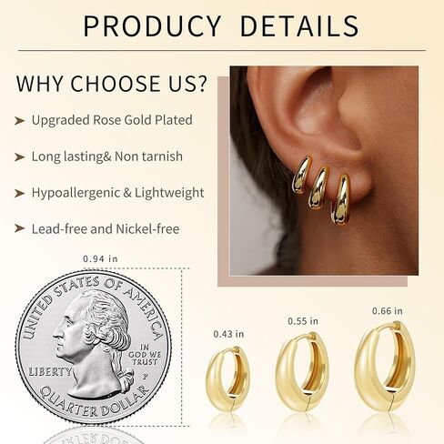 3Pairs Gold Hoop Earrings Set for Women Chunky Small Huggie Hoop Earrings Dainty Earring Hypoallergenic Lightweight and Compact Fashionable and Sturdy Suitable for Multiple Piercings in Saudi Arabia