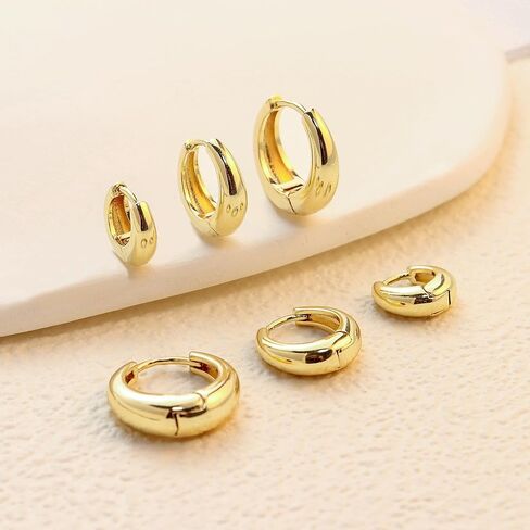 3Pairs Gold Hoop Earrings Set for Women Chunky Small Huggie Hoop Earrings Dainty Earring Hypoallergenic Lightweight and Compact Fashionable and Sturdy Suitable for Multiple Piercings in Saudi Arabia