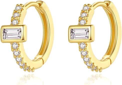 Vintage 14K Gold Hoop Earrings for Women, Emerald Cut Moissanite Huggies Earrings, Sophisticated Jewelry Gift in Saudi Arabia