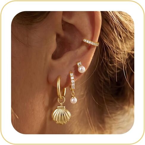 Pearl Earrings Set for Women, Gold Plated Stud Hoop Dangle Earrings | Includes pearl studs, hoops and drop earrings. Lightweight jewelry for weddings, gifting and daily styling. in Saudi Arabia