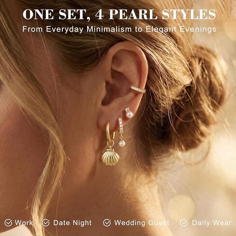 Pearl Earrings Set for Women, Gold Plated Stud Hoop Dangle Earrings | Includes pearl studs, hoops and drop earrings. Lightweight jewelry for weddings, gifting and daily styling. in Saudi Arabia