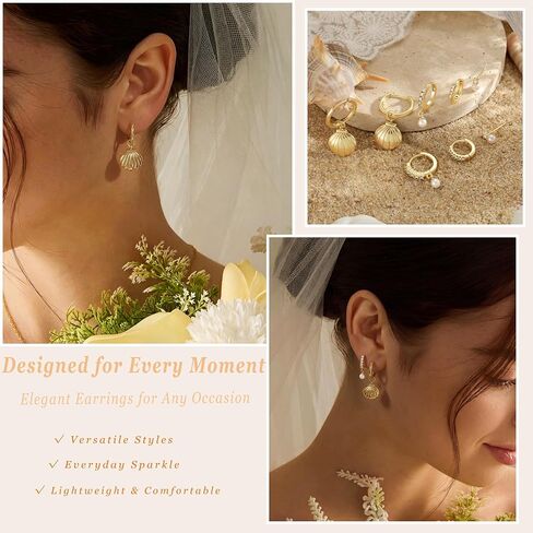 Pearl Earrings Set for Women, Gold Plated Stud Hoop Dangle Earrings | Includes pearl studs, hoops and drop earrings. Lightweight jewelry for weddings, gifting and daily styling. in Saudi Arabia