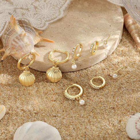 Pearl Earrings Set for Women, Gold Plated Stud Hoop Dangle Earrings | Includes pearl studs, hoops and drop earrings. Lightweight jewelry for weddings, gifting and daily styling. in Saudi Arabia